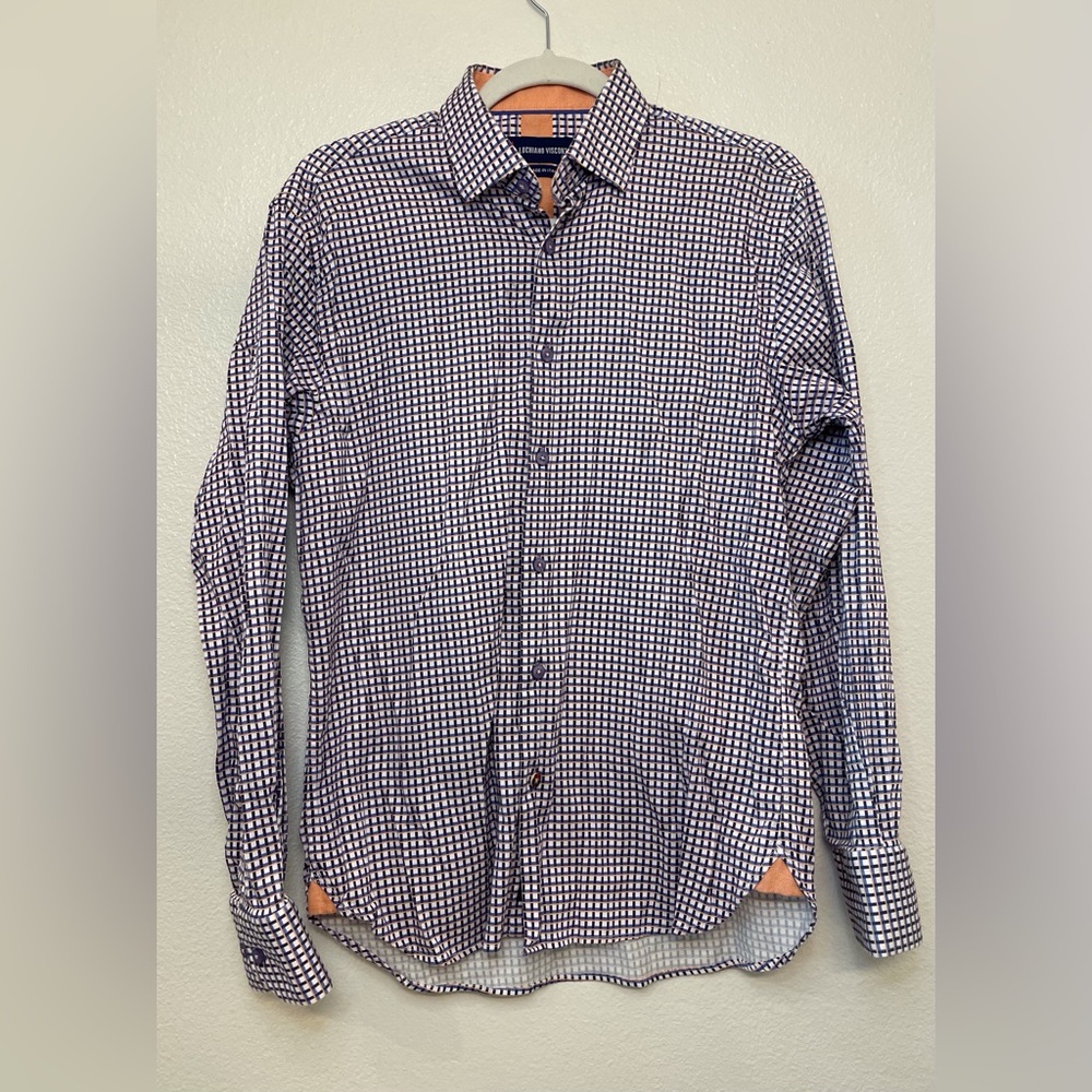 Luchiano Visconti Men's Blue Everyday White Navy Plaid Long‎ Sleeve Shirt Size M